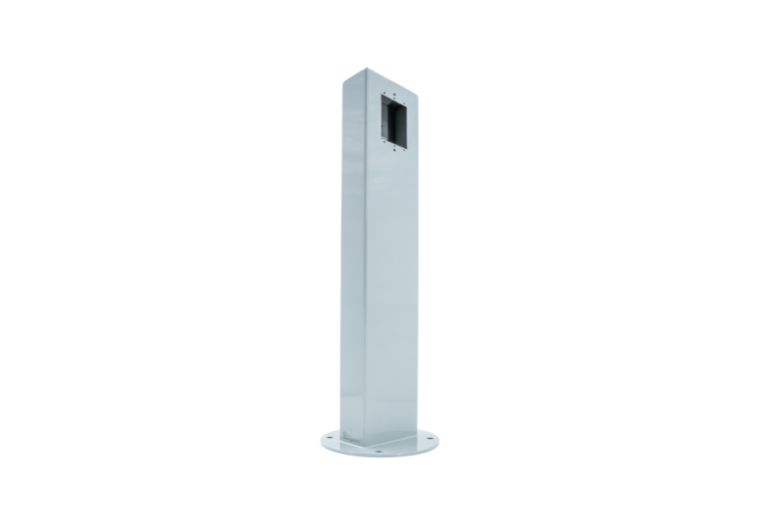 The photo shows the Pedoc Power Pedestal 1P24-C-V-G, a sleek and compact single-gang vertical outdoor power pedestal. It features a rectangular gray body with a sturdy base, designed for stable installation. The pedestal's vertical configuration is optimized for efficient power distribution in outdoor environments, with a clean and modern design suitable for various applications.