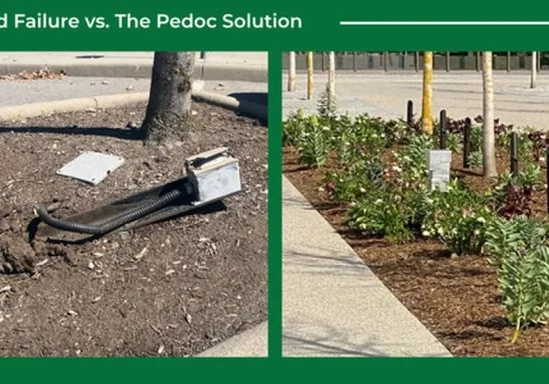 Comparison of failed outdoor installation vs Pedoc UL-listed, NEMA 3R certified power pedestal ensuring code compliance and safety