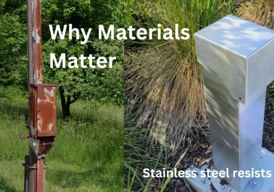 Comparison of a rusted outdoor power pedestal and a stainless steel pedestal, showing why material selection impacts durability, safety, and service life.